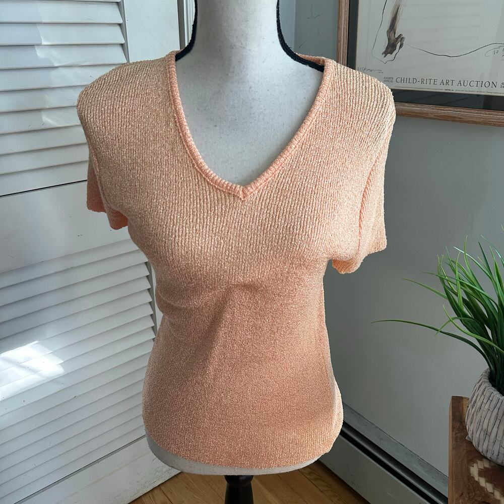 Vintage FASHION BUG Top Womens Medium Orange Sweater Knit Deep V-Neck Retro Y2K